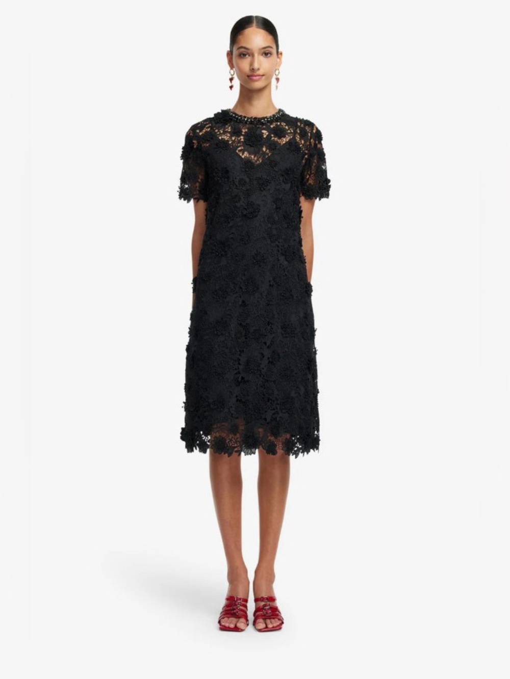 LEO LIN Sheridan Black Lace Flower Applique Embellished Short Sleeve Midi Dress
